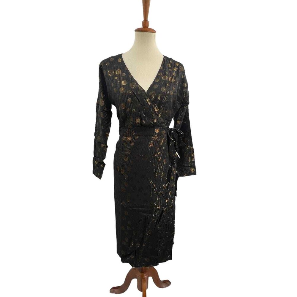 ModCloth Black Wrap Dress Gold Metallic Dots Size Small New